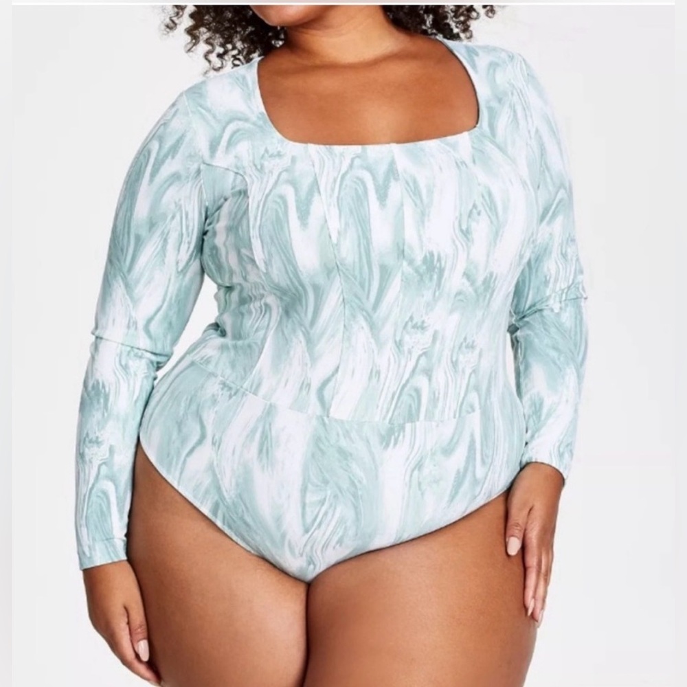 Jenni Intimates for Style  L Marble Print Square Neckline Long sleeve Bodysuit